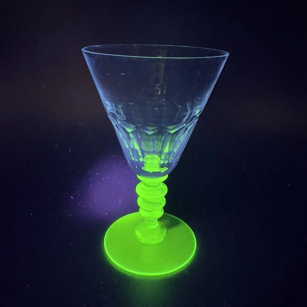Seneca Theodule Clear Top Green Uranium Stem Optic Cut Top Goblet Cup Single VTG